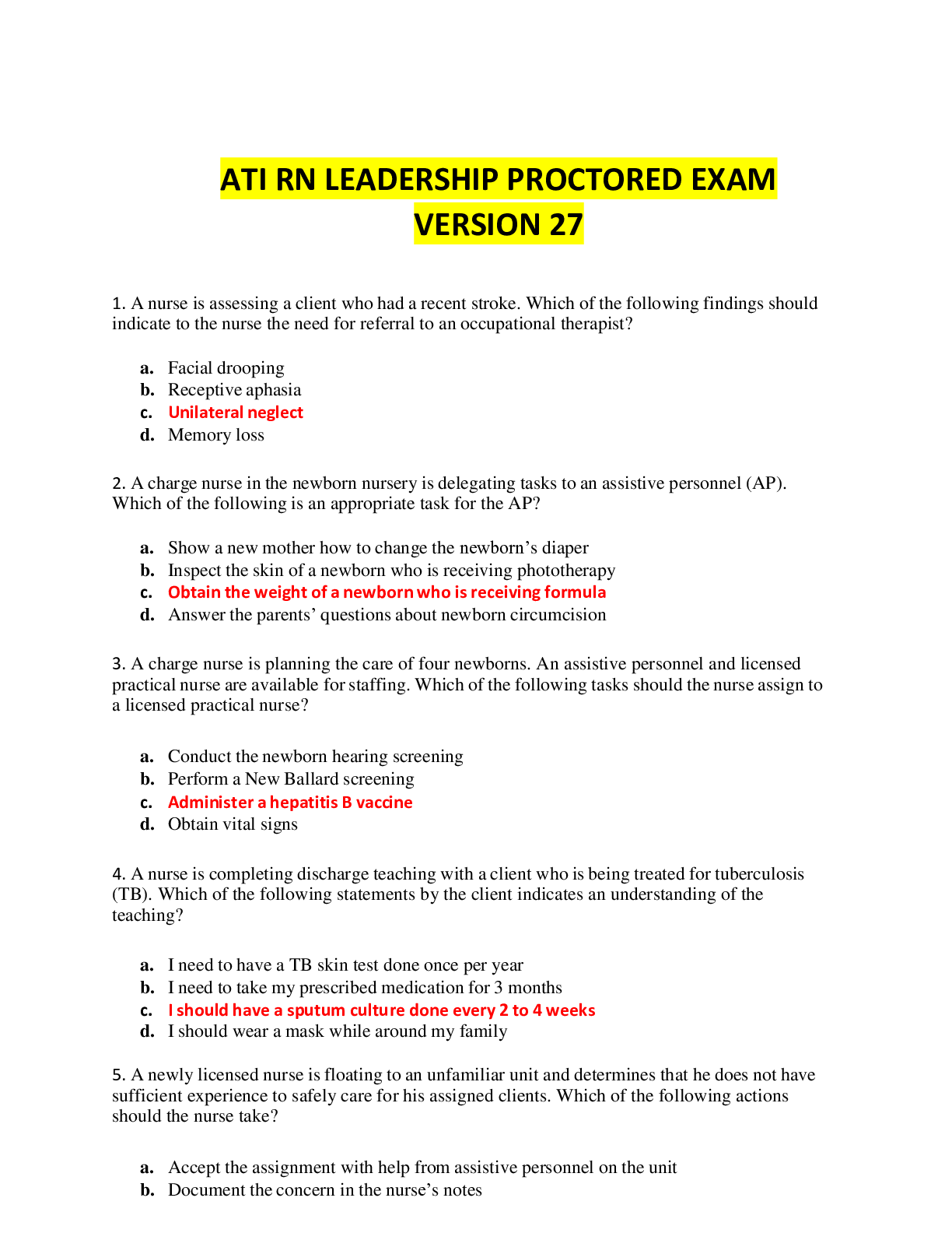 Preview of ATI RN Leadership Proctored Exam Version 27 Complete Questions & Answers with Rationale